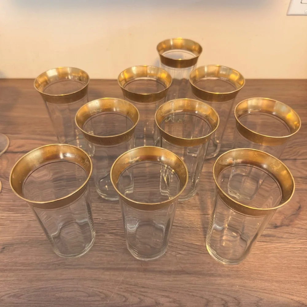 Tiffin 22k Gold Encrusted Highball Glasses Set of 9 Vintage Hollywood Regency